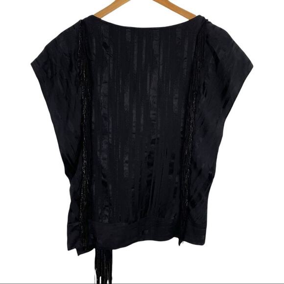 BCBGMAXAZRIA Black Silk Ruffle Blouse Top Beaded Fringe with Shinny Stripes XXS - Picture 7 of 16